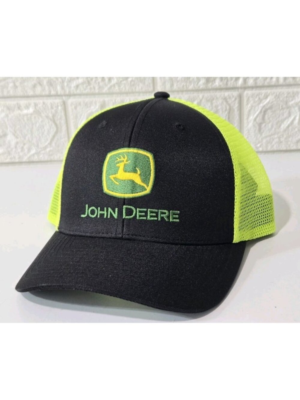 NEW John Deere Trucker Hat Embroidered Mesh Back Snap Back Cap Black Tech Yellow